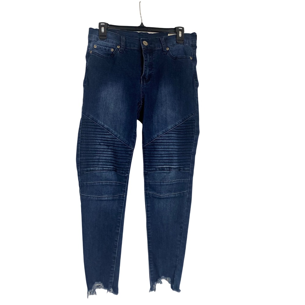 Urban Chic Moto Skinny Jeans Womens 9 Dark Wash Excellent Ribbed Raw Hem SUP1199